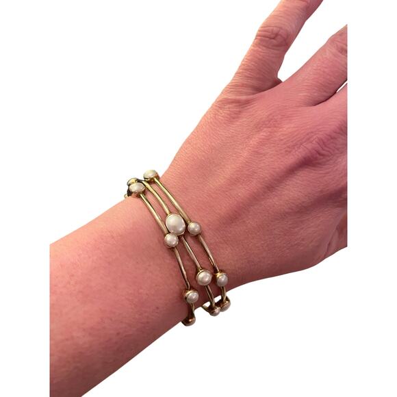 Julie Vos Silver Pearl Station Bangle Bracelet Set Quiet Luxury Designer Stack - Picture 3 of 6